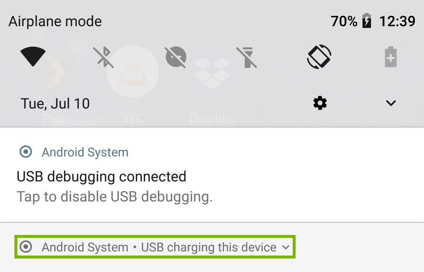 Notifications with USB Mode highlighted