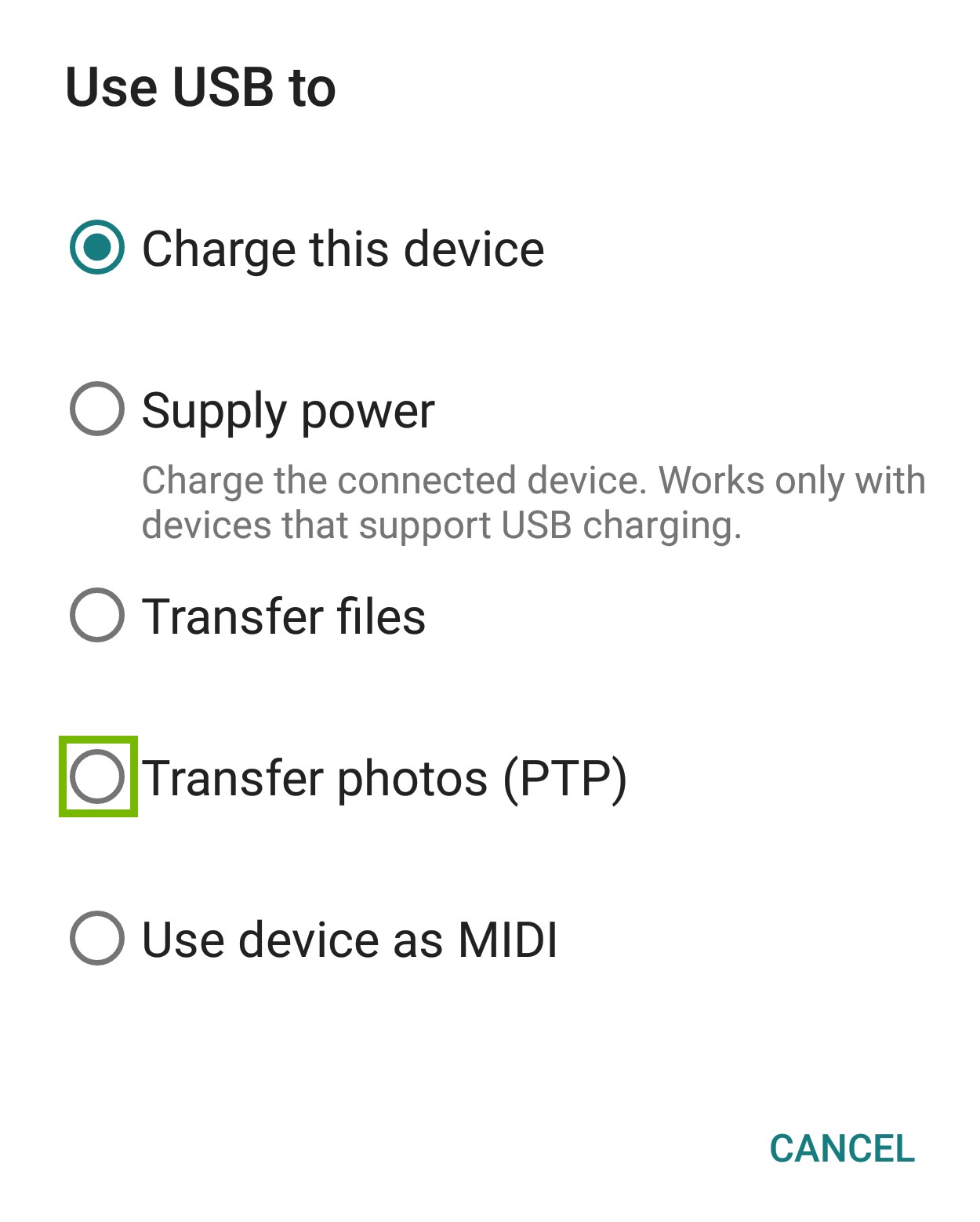 USB Mode with Transfer Photos circle highlighted