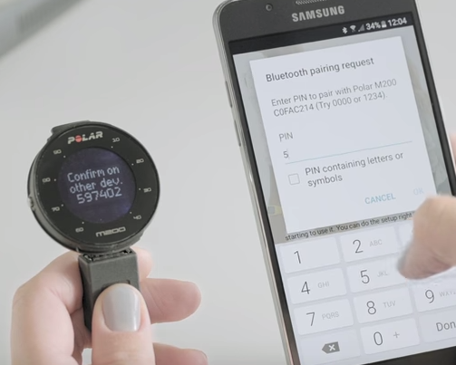 Polar m200 and android phone showing the pairing request