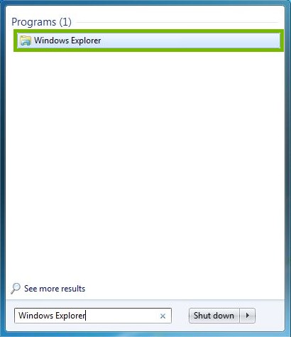 Start Menu with Windows Explorer highlighted