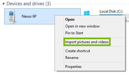 Context menu with Import pictures and videos highlighted