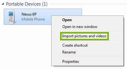 Context menu with Import pictures and videos highlighted