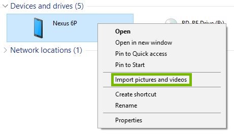 File Explorer context menu with Import photos and videos highlighted