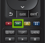 Remote with green options button highlighted.