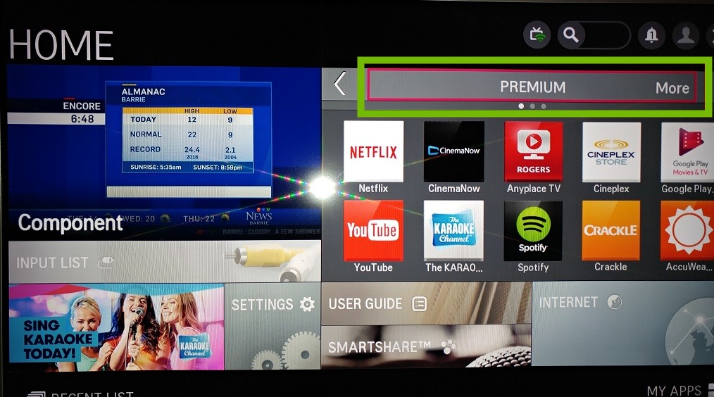 LG NetCast home screen with Premium highlighted.