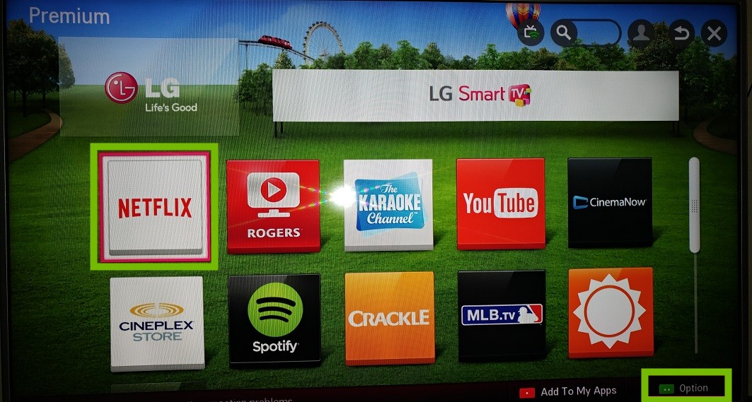 Premium menu with Netflix and Options highlighted.