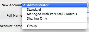 Screenshot of the New Account pop-up. Choices are Administrator, Standard, Managed with Parental Controls and Sharing Only.