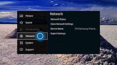 Samsung tv settings menu showing network selected