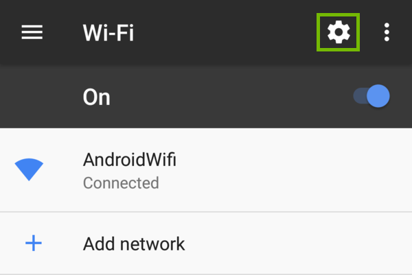 Wi-Fi Settings with settings gear highlighted.