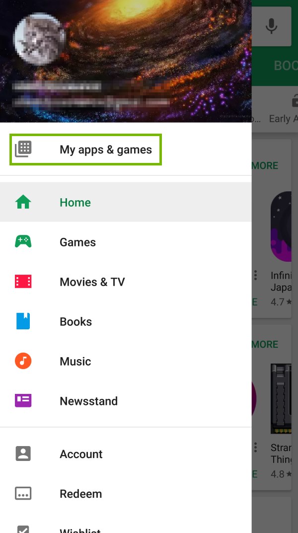 My app & games option highlighted in Play Store menu.