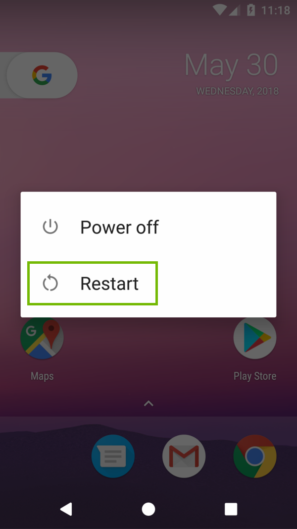 Power prompt with Restart highlighted.
