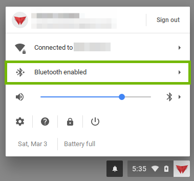 screenshot of the user menu with bluetooth highlighted