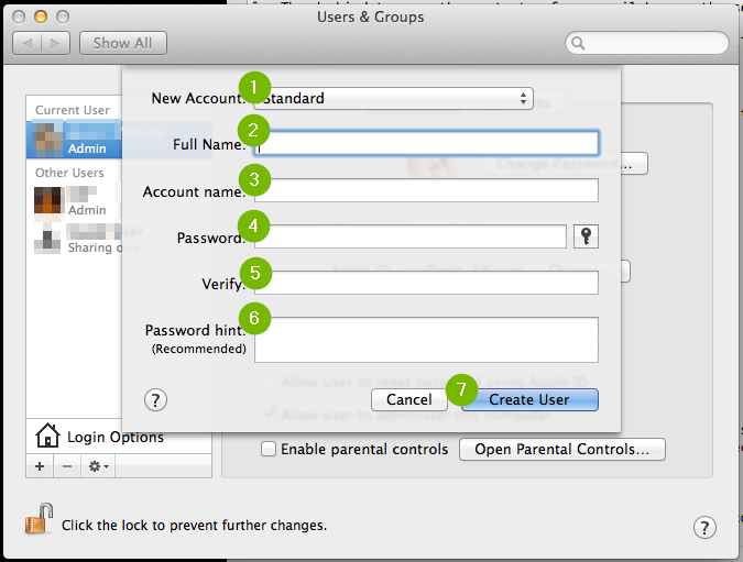 Screenshot of the user and groups screen with account type, name, account name, password, and password hint highlighted