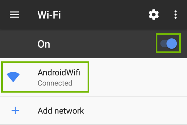 Wi-Fi settings with Wi-Fi On switch and connected network highlighted.