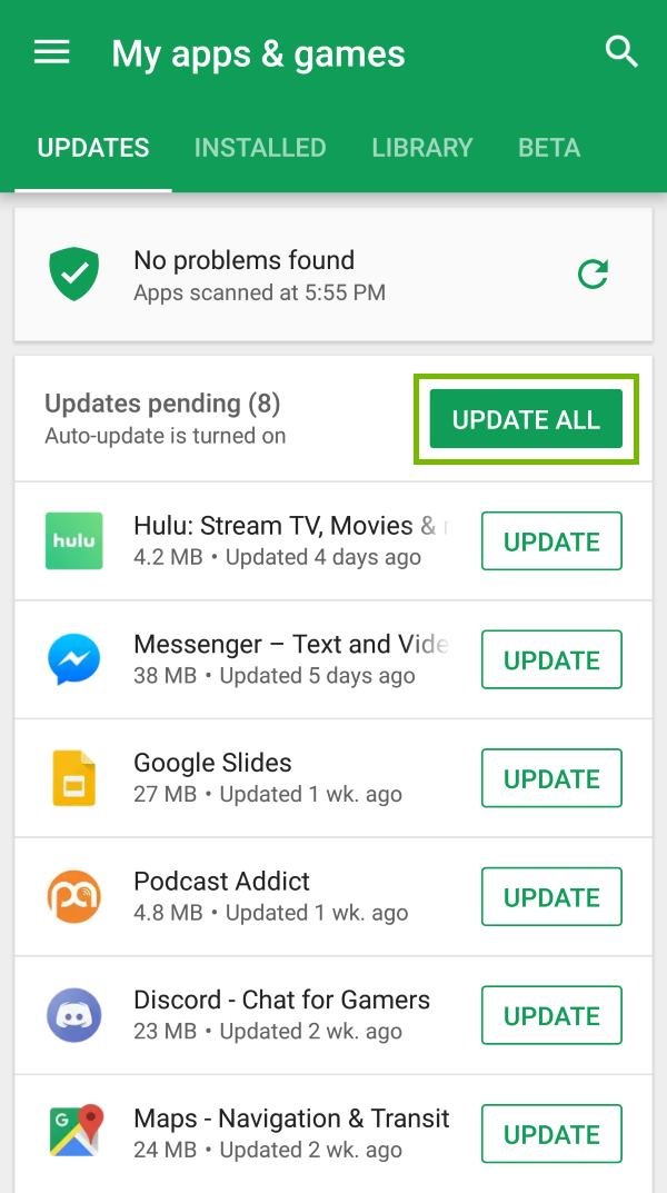 Update All option highlighted in Play Store Updates.