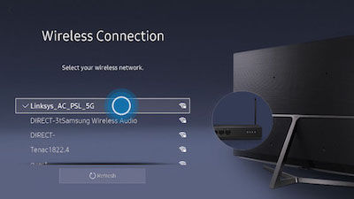 Samsung wireless connection menu showing selected SSID