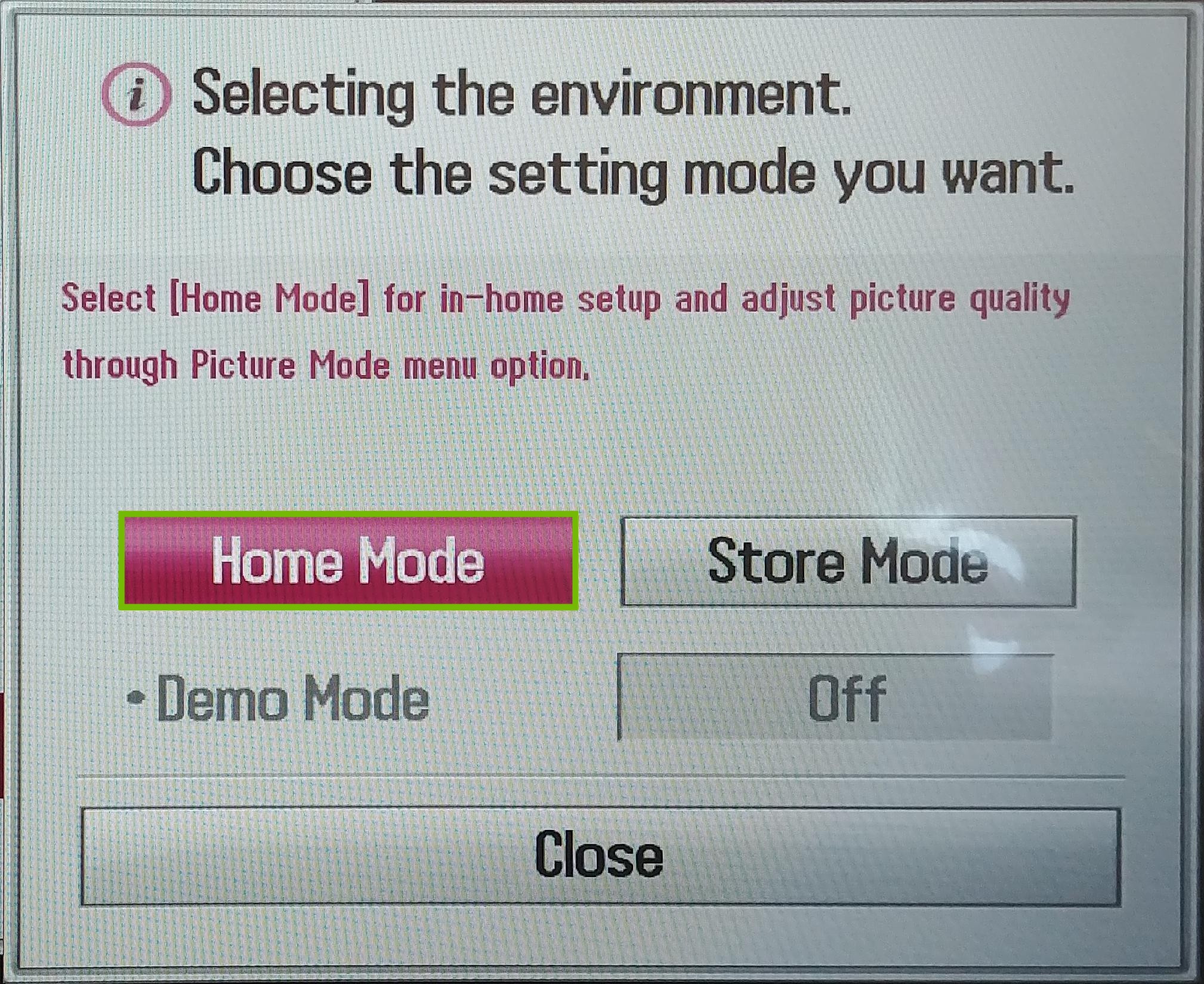 Mode Settings with Home Mode highlighted.