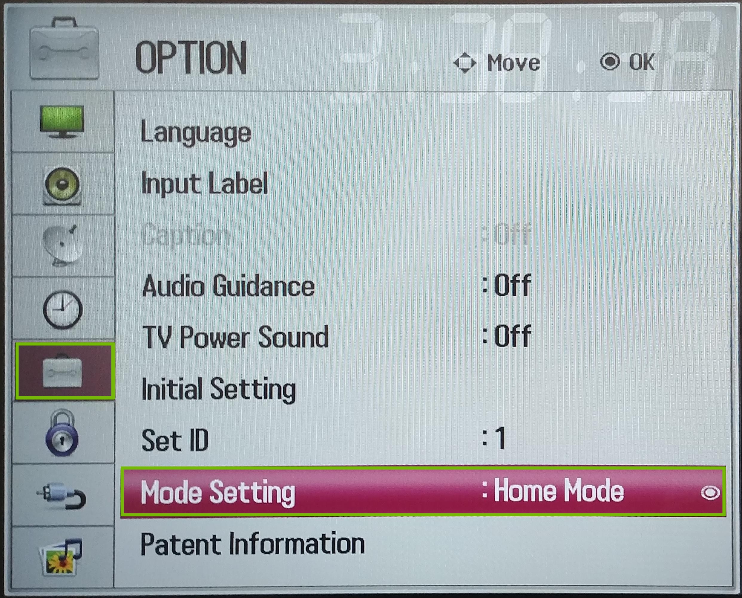 Settings Options, with Mode Setting highlighted.