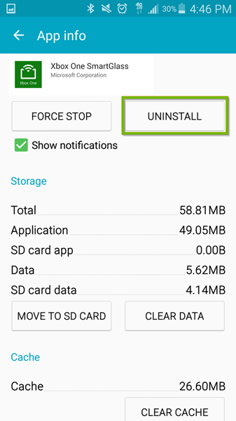 Xbox One Smartglass app with Uninstall button selected. Screenshot.