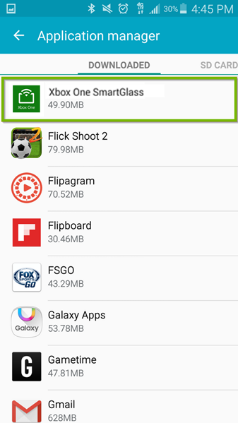 Android Application manager with Xbox One Smartglass app selected. Screenshot.