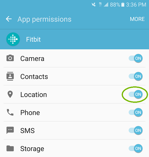 App permissions with Location highlighted. Screenshot