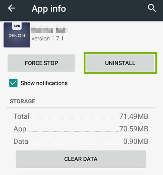 Denon avr app settings with uninstall selected