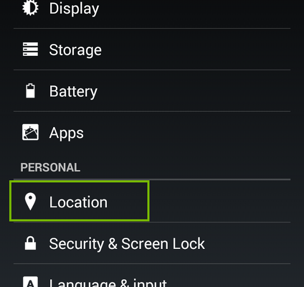 Settings menu with Location highlighted. Screenshot