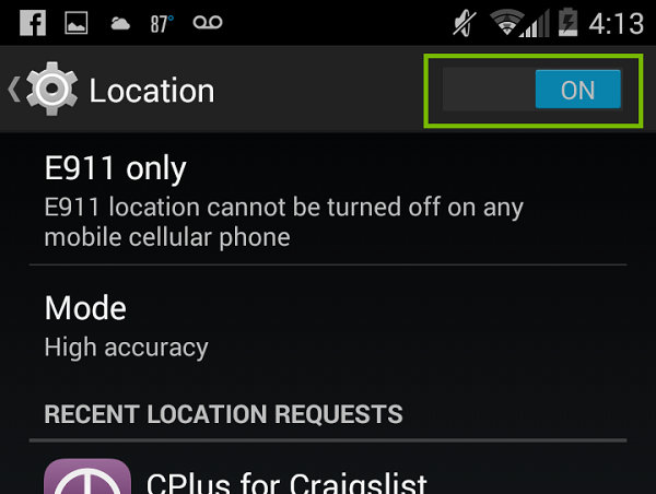 Location menu with On highlighted. Screenshot