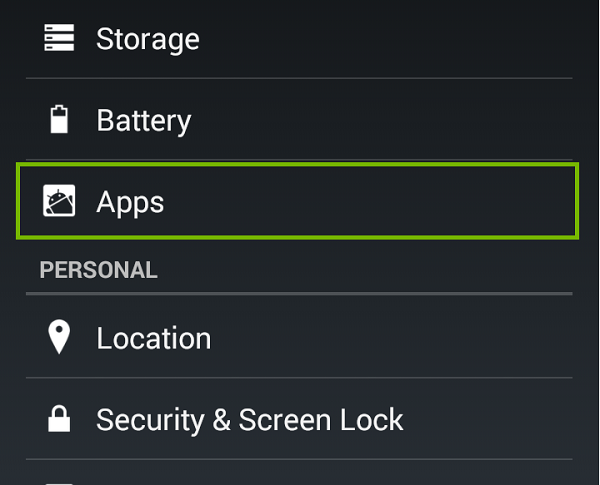 Settings Menu with Apps highlighted. Screenshot