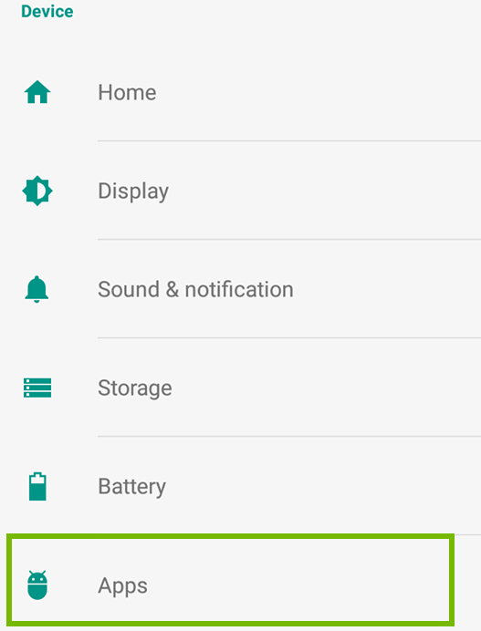 Android settings menu with apps selected