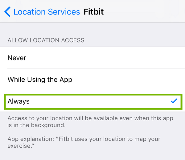 Fitbit Location Services with Always highlighted.