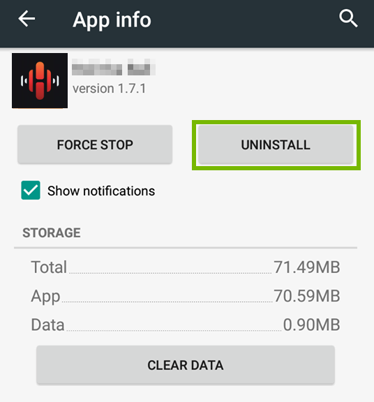 Android heos app settings with uninstall selected