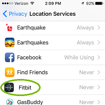 iOS Location Services with Fitbit highlighted.