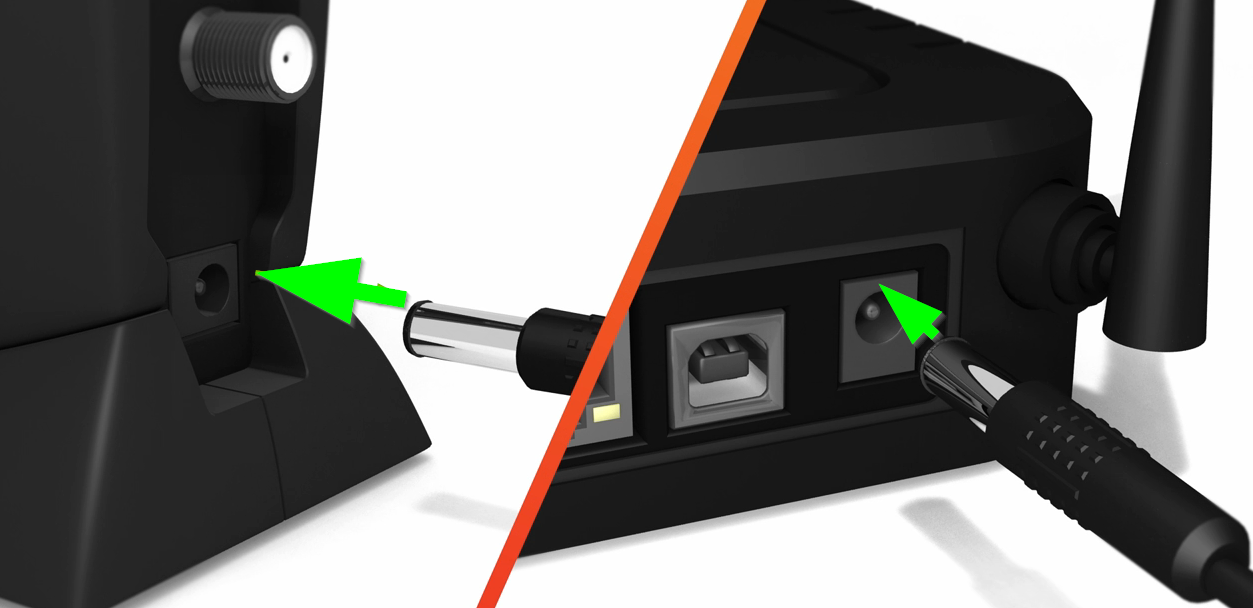 The back of a modem and router showing the power being plugged in