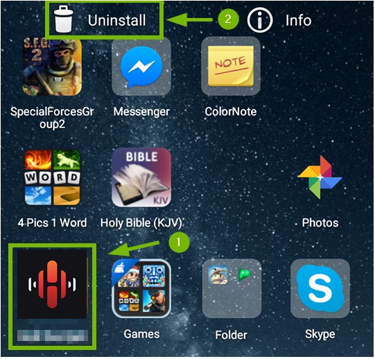 Android uninstall page with heos app being uninstalled