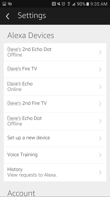 Echo devices showing in Alexa app settings.