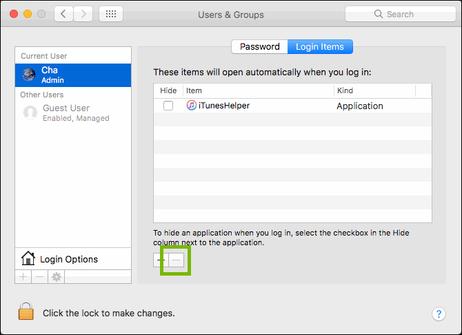 macOS users and groups window highlighting the minus button.