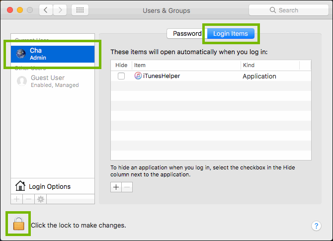 macOS users and groups window highlighting the login items tab, and the admin account selected.