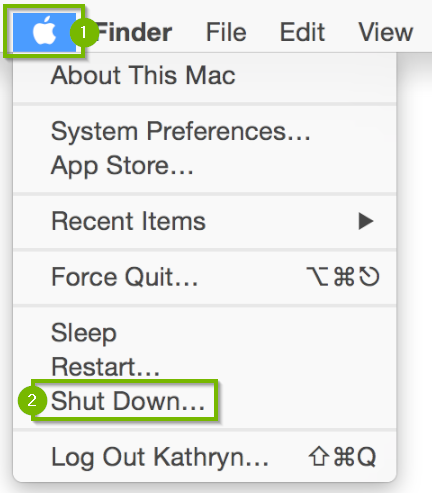 Apple menu icon highlighted with menu beneath highlighting the shut down option.