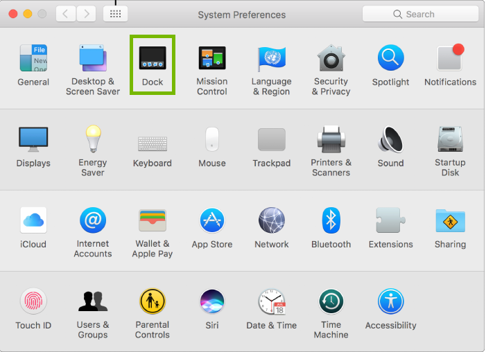 System preferences with dock highlighted