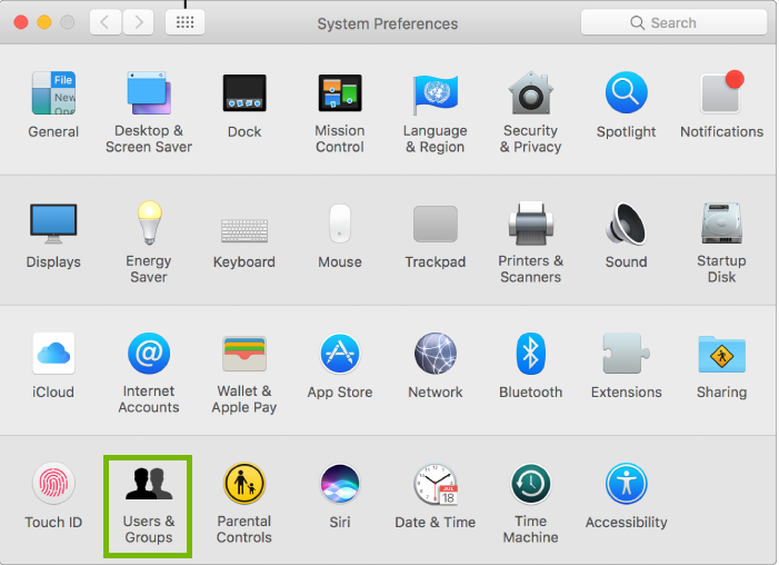 macOS system preferences window with users and groups icon highlighted.