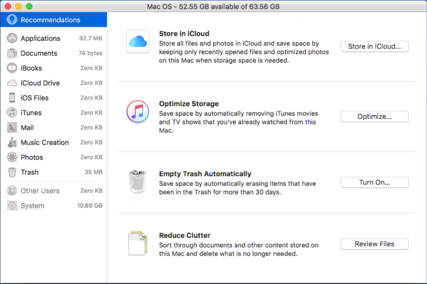Manage storage recommendations