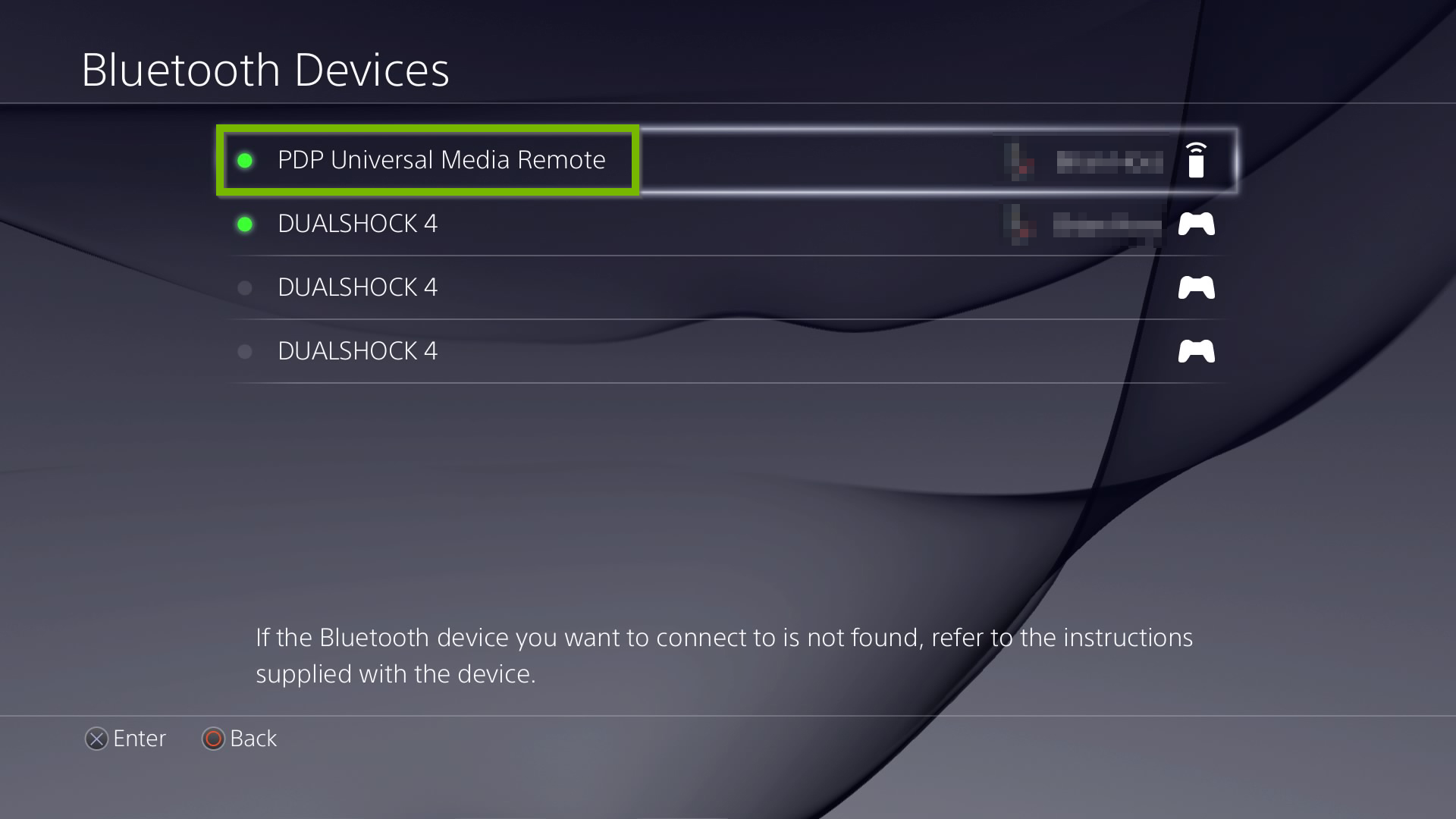 Bluetooth devices list with PDP Media Remote selected. Screenshot.