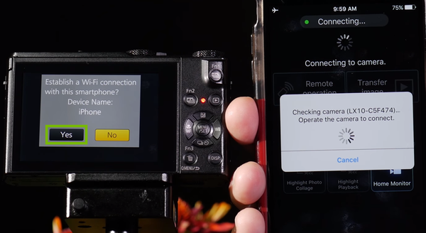 Wi-Fi connection confirmation prompt on camera screen.