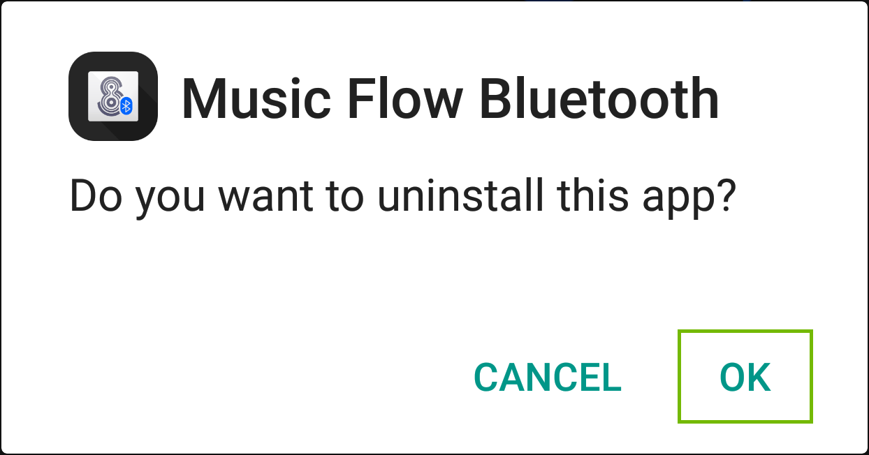 screenshot of android uninstall screen for music flow bluetooth with ok highlighted