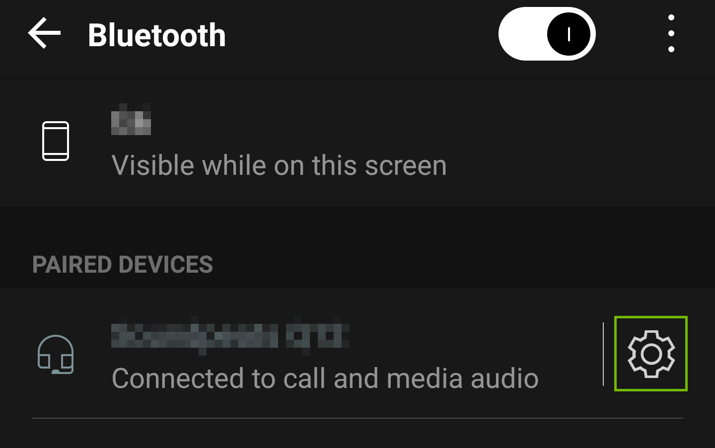 Screenshot of bluetooth options with settings for a device highlighted