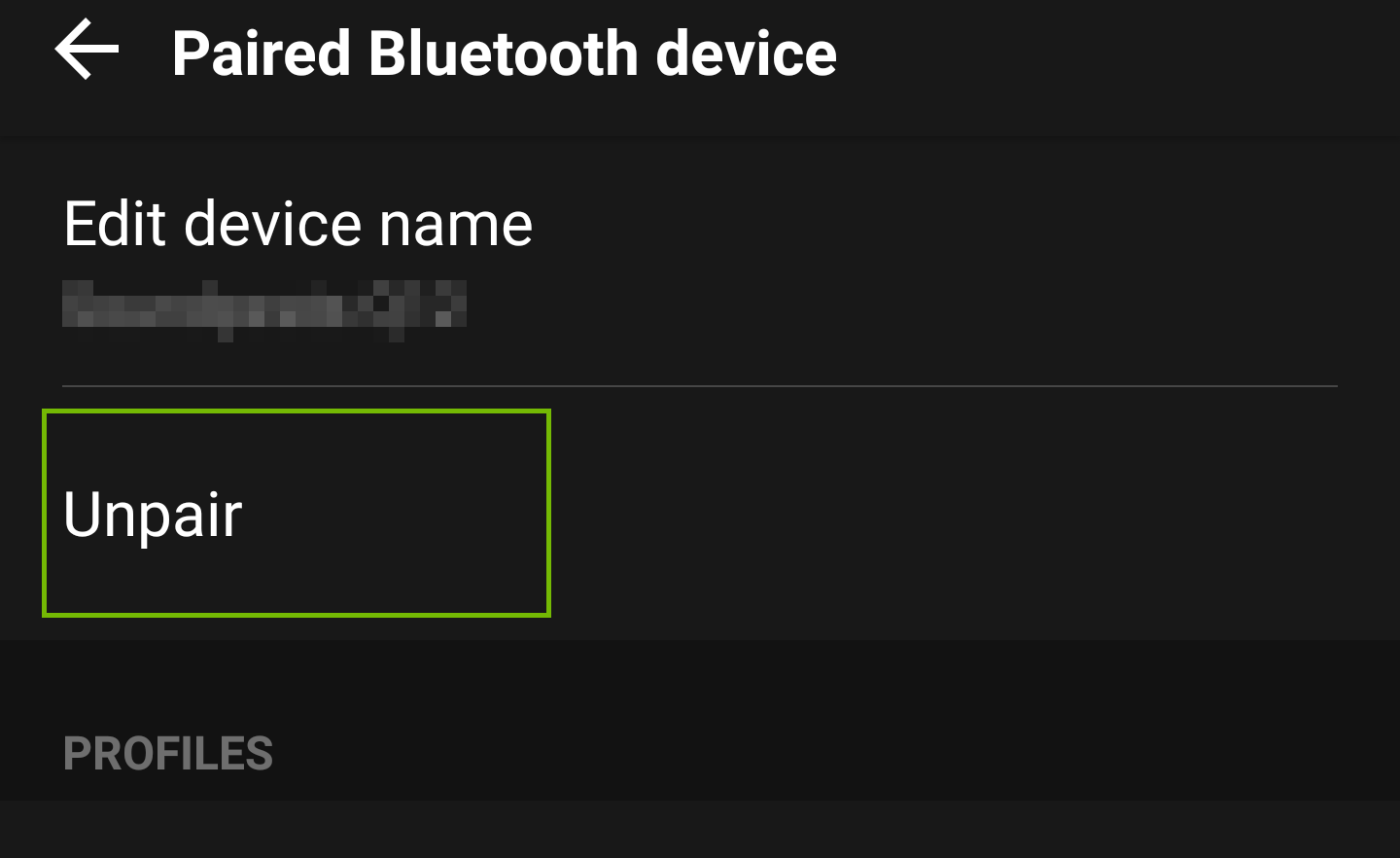 Screenshot of device bluetooth options with unpair highlighted