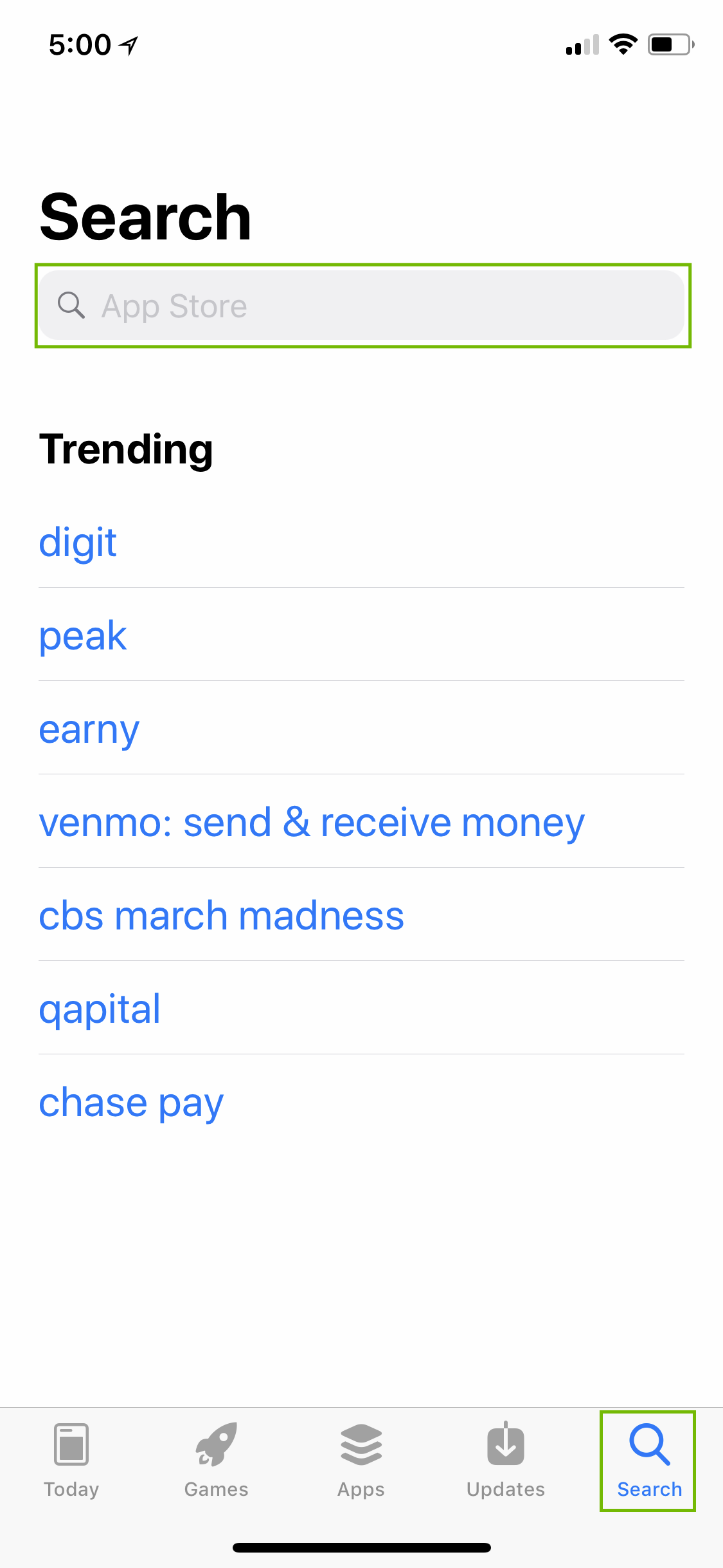 Screenshot of App store search screen with search field and option highlighted