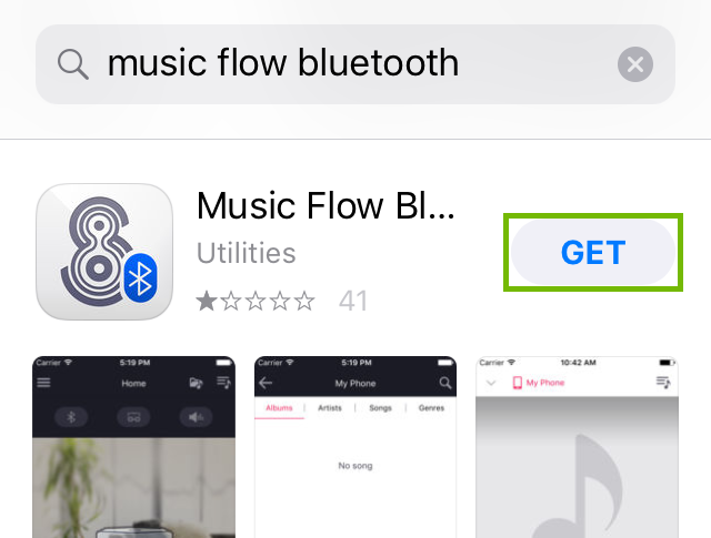 Music flow bluetooth store page with get highlighted