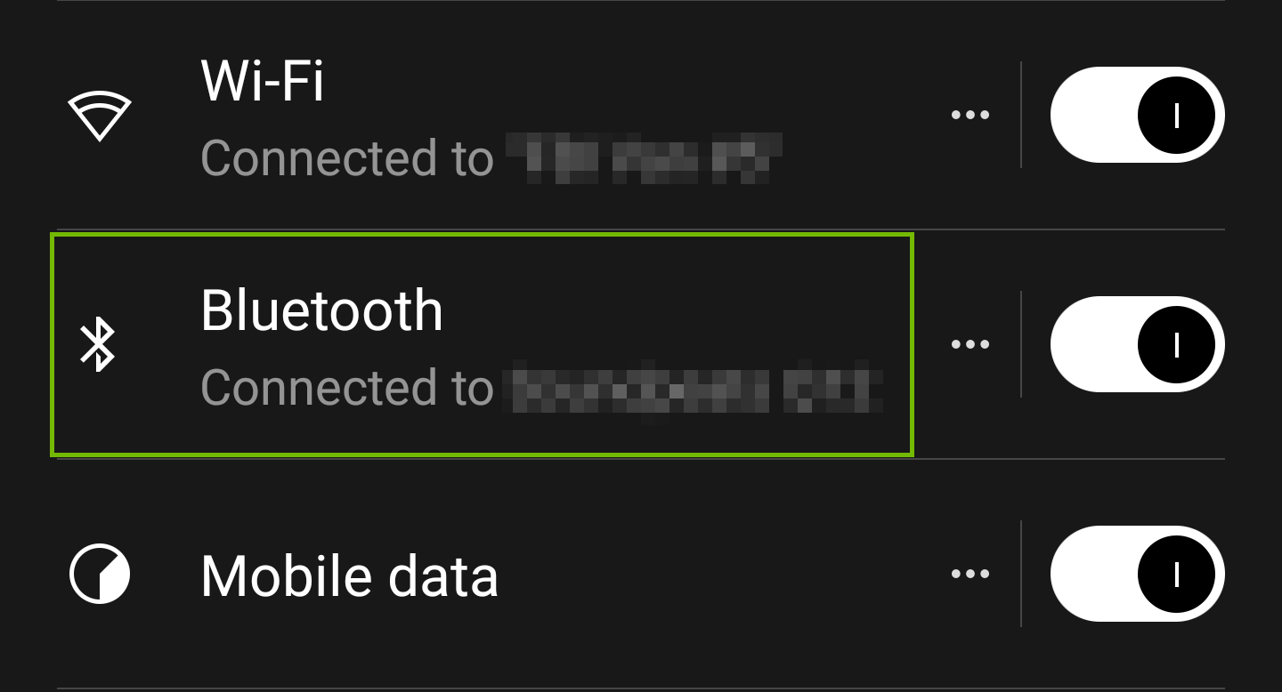 Screenshot of the Android settings creen with Bluetooth highlighted